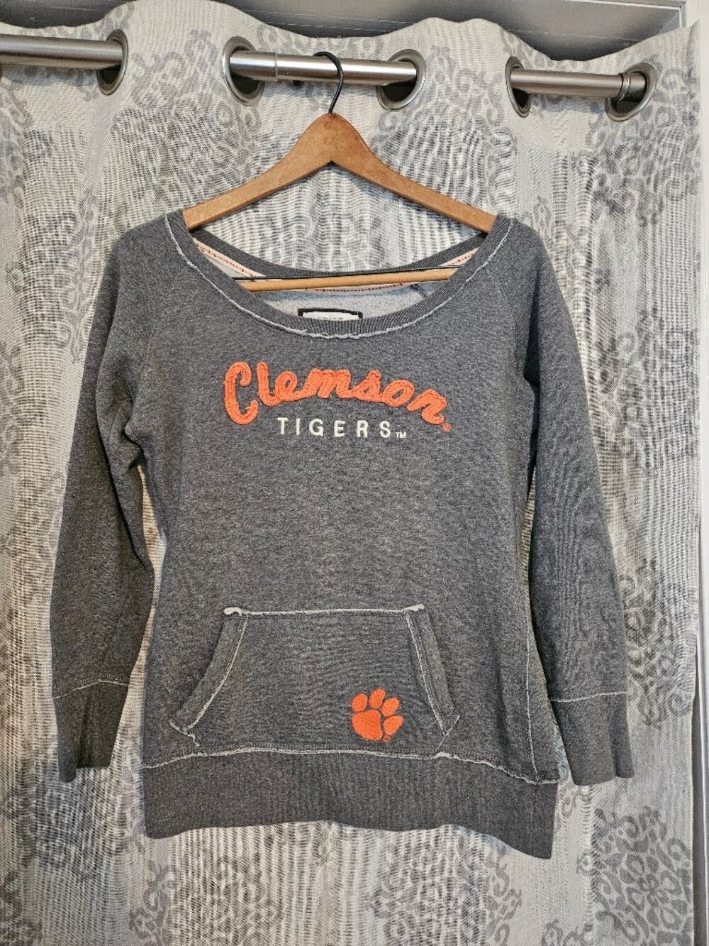 Colloseum Clemson Distressed Grey Scoop Neck Sweatshirt with Patch Logo, Size S